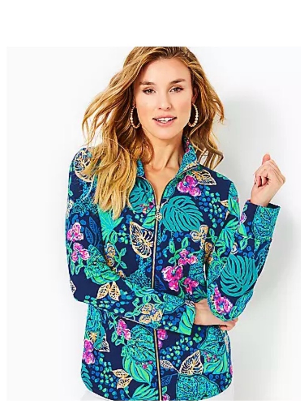 LILLY PULITZER Leona Zip-up Jacket LOW TIDE NAVY LIFE OF THE PARTY, Size LARGE
